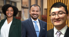 Three headshots of three UT Austin College of Pharmacy faculty together on a banner. 