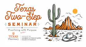 A white and orange graphic that reads "Texas Two-Step Seminar" with a cartoon of a mountain, cactus and cowboy hat.