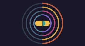 Concentric colored circles surrounding an abstract representation of a drug capsule.