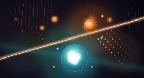 Glowing spheres and patterned dots with a luminescent line cutting through the middle.