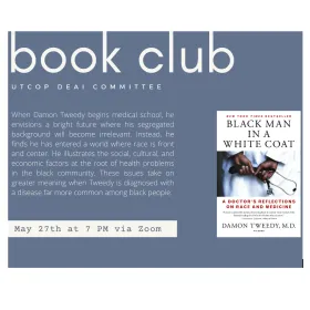 Flyer for book club meeting showing book cover, date, and summary