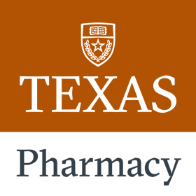 Stacked logo with words 'Texas Pharmacy' on burnt orange and white background