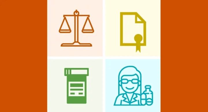 Scales, a document, a prescription bottle, and a pharmacist wearing glasses.