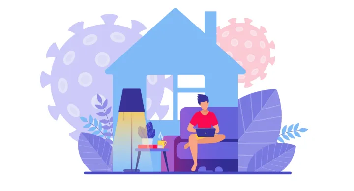 Illustration of person typing on a laptop in their house.