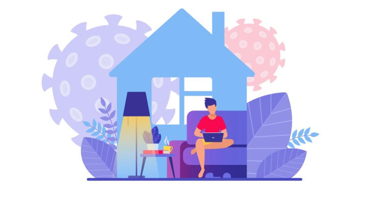 Illustration of person typing on a laptop in their house.