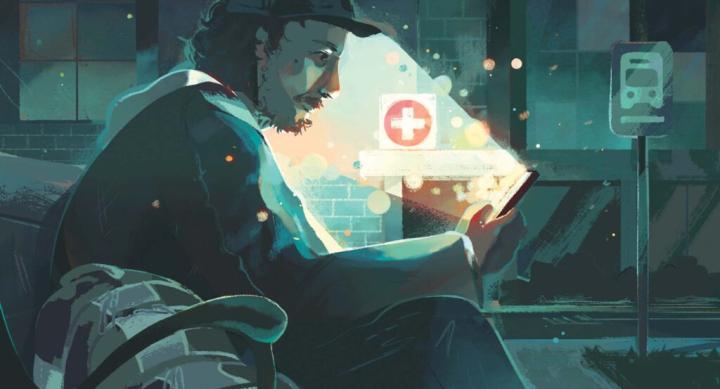 A person sitting on a park bench looking at a smart phone that lights up and provides health resources.