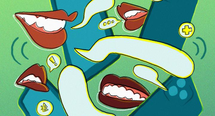 Floating mouths with empty speech bubbles, with various texting and health symbols surrounding them.