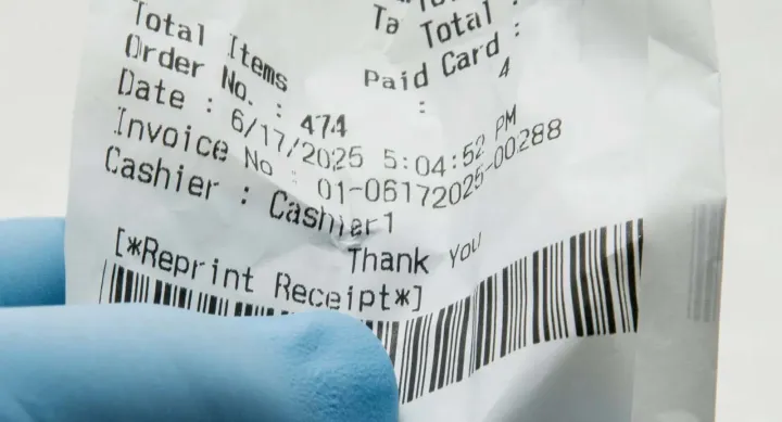 Someone wearing nitrile gloves and holding a store receipt.