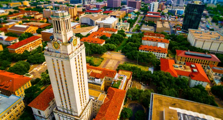 Aerial shot of UT Austin Campus featuring the Tower and surrounding buildings.