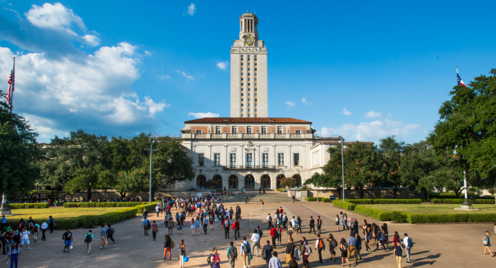 A landscape image of UT Austin's iconic Tower, and a busy quad filled with students.