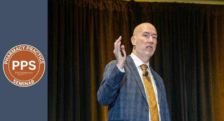 Professor Terry Weaver speaking at the Pharmacy Practice Seminar with the Pharmacy Practice Seminar (PPS) Seal and text, "Texas Pharmacy. The University of Texas at Austin College of Pharmacy."