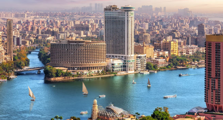 A cityscape of Cairo and the Nile.
