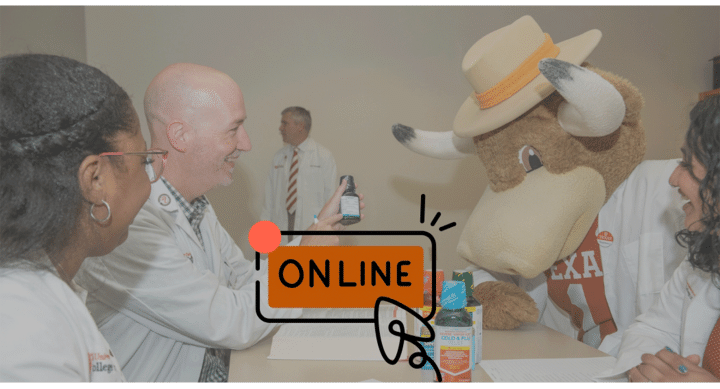Two women in forefront, a man behind on the left and a Bevo mascot on the right. A man is standing in the background of the photo against a white wall. Everyone is wearing a white coat. There is an orange black in the middle of the photo that reads online with a black border and a black arrow pointing towards it. 