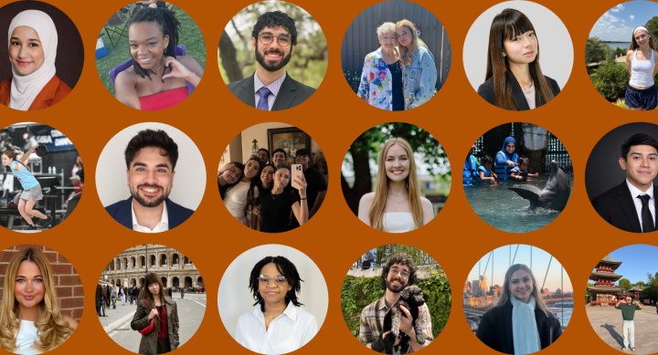 A burnt orange banner with 18 circular images of College of Pharmacy students. The photos include headshots, travel pictures, pets and family.