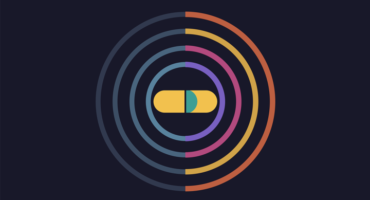 Concentric colored circles surrounding an abstract representation of a drug capsule.