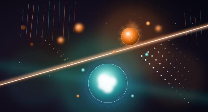 Glowing spheres and patterned dots with a luminescent line cutting through the middle.