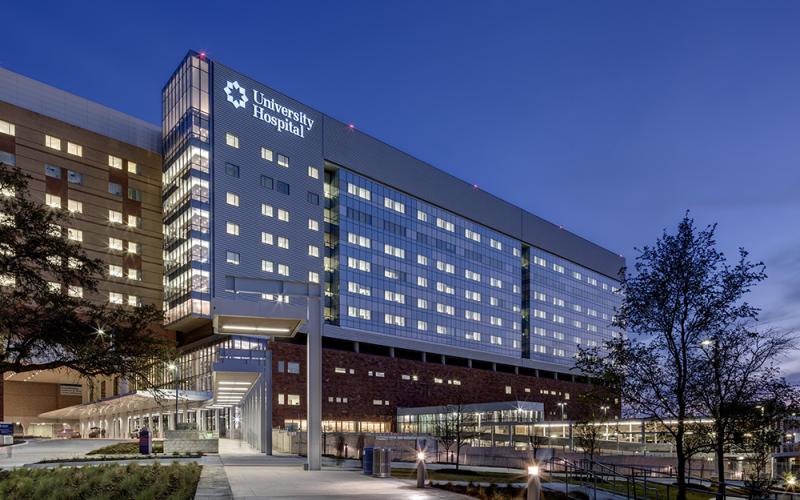 University Hospital building in San Antonio at dusk