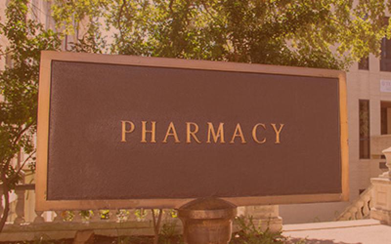 Pharmacy sign outside College of Pharmacy building